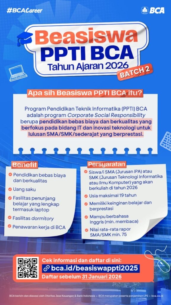 BCA Buka Batch 2 Pendaftaran Beasiswa PPTI